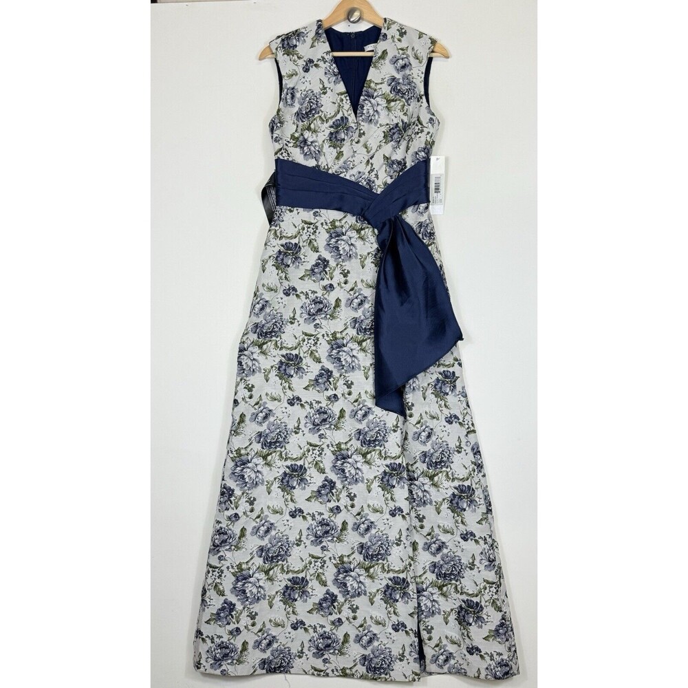 NEW Kay Unger Ansley Dress Women 4‎ Blue Jacquard V-Neck Garden Cottage Formal